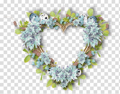 teal flowers with green leaves heart wreath illustration transparent background PNG clipart