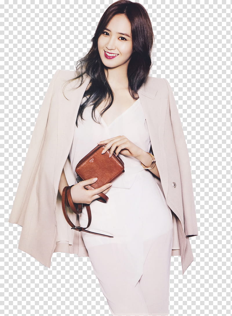 SNSD Yuri for InStyle, smiling woman holding her wristlet and wearing coat transparent background PNG clipart