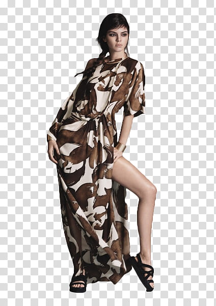 BIG MODEL, woman wearing brown and white side-slit /-sleeved maxi dress transparent background PNG clipart