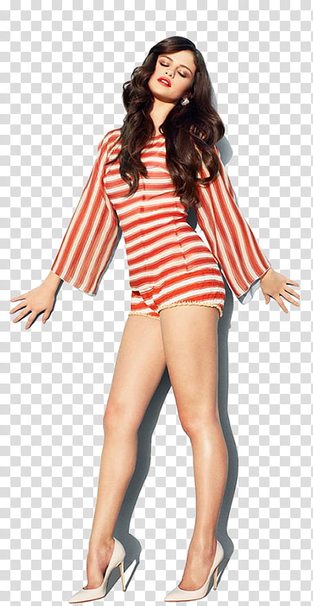 Selena Gomez, Selena Gomez in red and white striped blouse transparent background PNG clipart