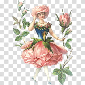 Vintage ll, blue and pink floral dressed woman painting transparent background PNG clipart