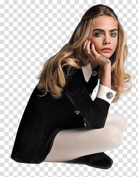 Recursos Liossi, sitting Cara Delevingne in black top and white pants transparent background PNG clipart