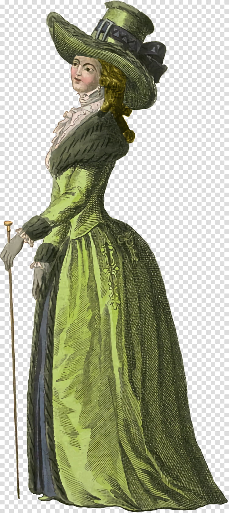 costume design green victorian fashion standing costume, Statue, Gown, Outerwear, Figurine transparent background PNG clipart