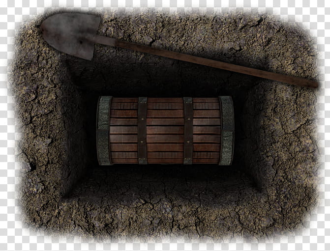 RPG Map Elements , brown wooden chest in hole near shovel transparent background PNG clipart