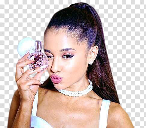 Ariana Grande, woman holding perfume bottle transparent background PNG clipart