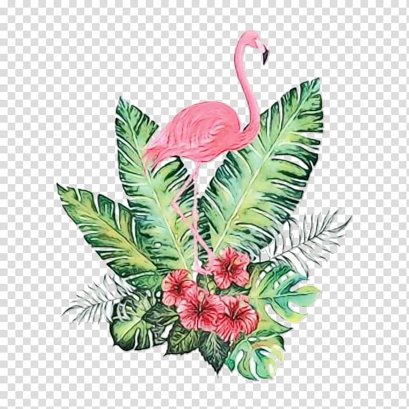 Flamingo, Watercolor, Paint, Wet Ink, Plant, Water Bird, Pink, Flower, Leaf, Anthurium transparent background PNG clipart