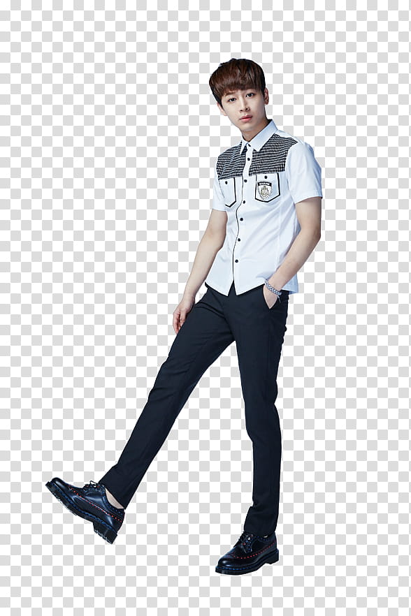 iKON Smart P, man in white button-up collared t-shirt and black jeans transparent background PNG clipart