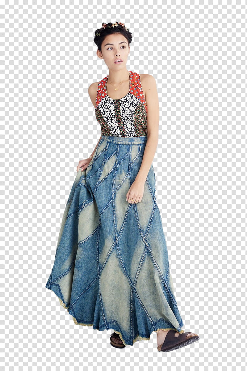 Madison Beer, woman in gray, blue, and red sleeveless maxi dress transparent background PNG clipart