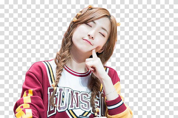 WJSN Eunseo, woman wearing jacket pointing right cheek transparent background PNG clipart