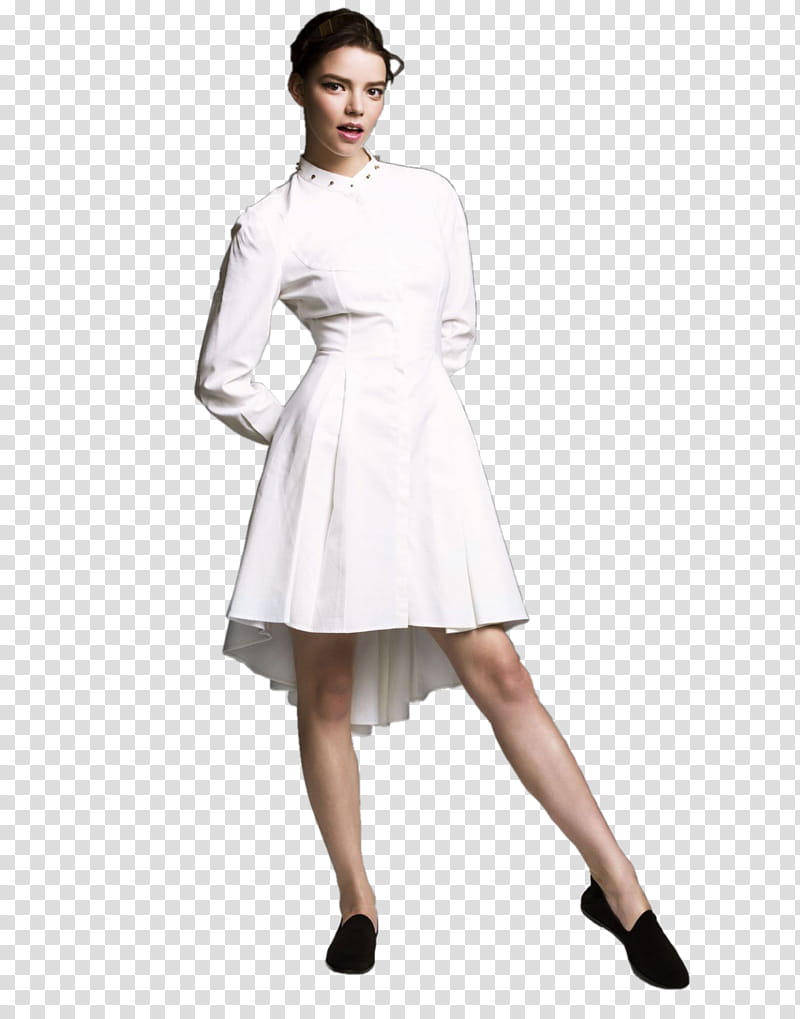 Anya Taylor Joy, standing woman in white crew-neck long-sleeved high-low dress with both hands on back transparent background PNG clipart