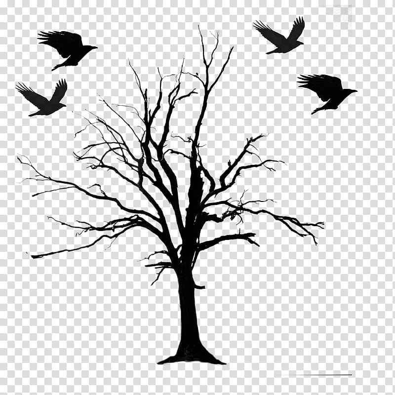 HALLOWEEN O, silhouette of leafless tree under four flying birds transparent background PNG clipart