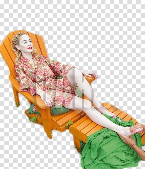 Mechi Lambre en CARAS, woman wearing red floral bathrobe sitting on brown adirondack chair transparent background PNG clipart