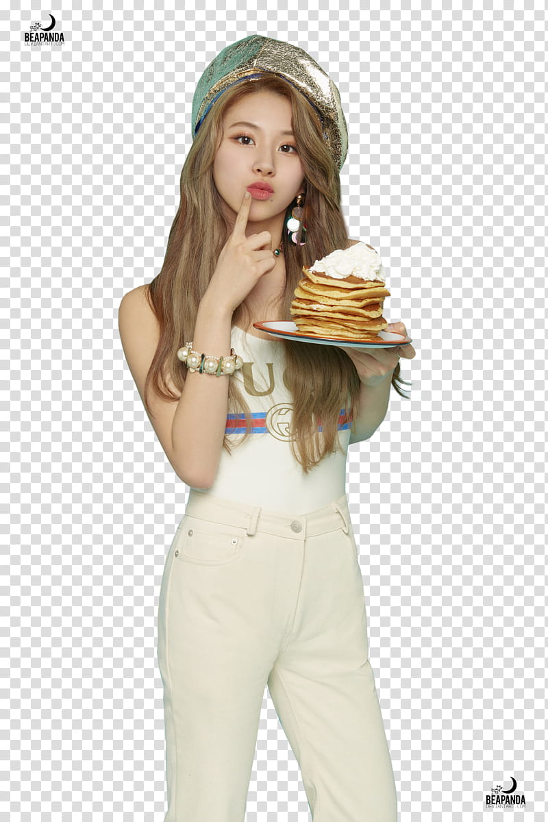  TWICE What is Love, woman standing holding plate with pancakes transparent background PNG clipart