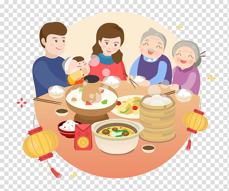 Chinese New Year Reunion Dinner, Eating, Food, Dumpling, Brunch, Meal, Banquet, Play transparent background PNG clipart