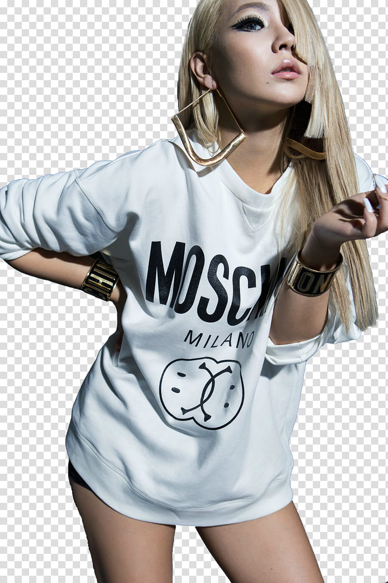 woman wearing white Moschino shirt transparent background PNG clipart
