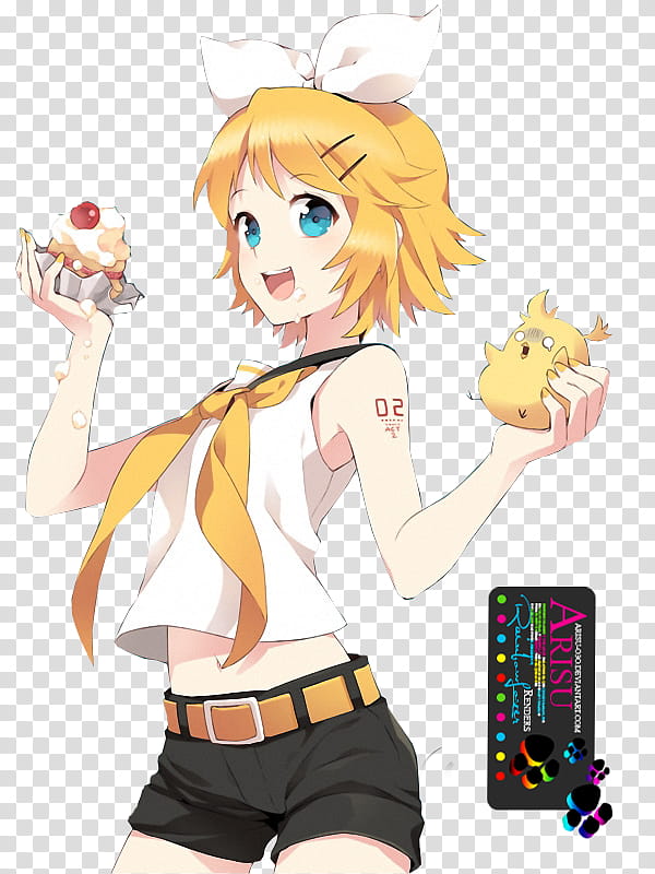 Renders N, yellow-haired female anime character holding cupcake and bird illustration transparent background PNG clipart