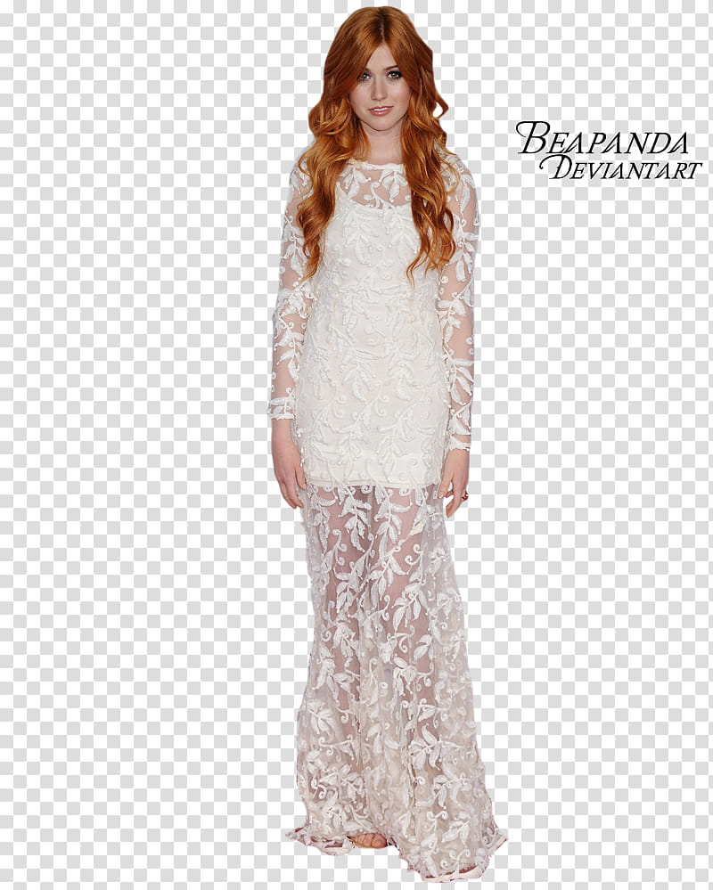 Katherine McNamara, woman in white sheer floral long-sleeved floor-length dress transparent background PNG clipart