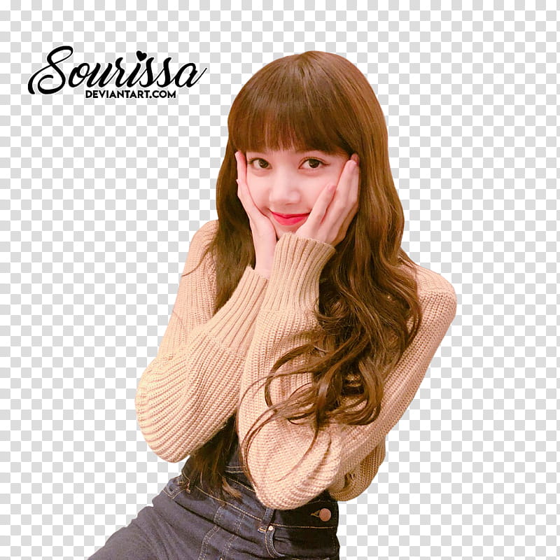LISA BLACKPINK, woman looking at camera while smiling with text overlay transparent background PNG clipart