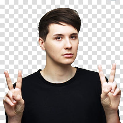 Dan Howell in black crew-neck top doing hand peace sign transparent background PNG clipart