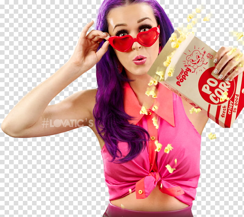  Katy Perry, woman in pink crop top holding box of pop corn transparent background PNG clipart