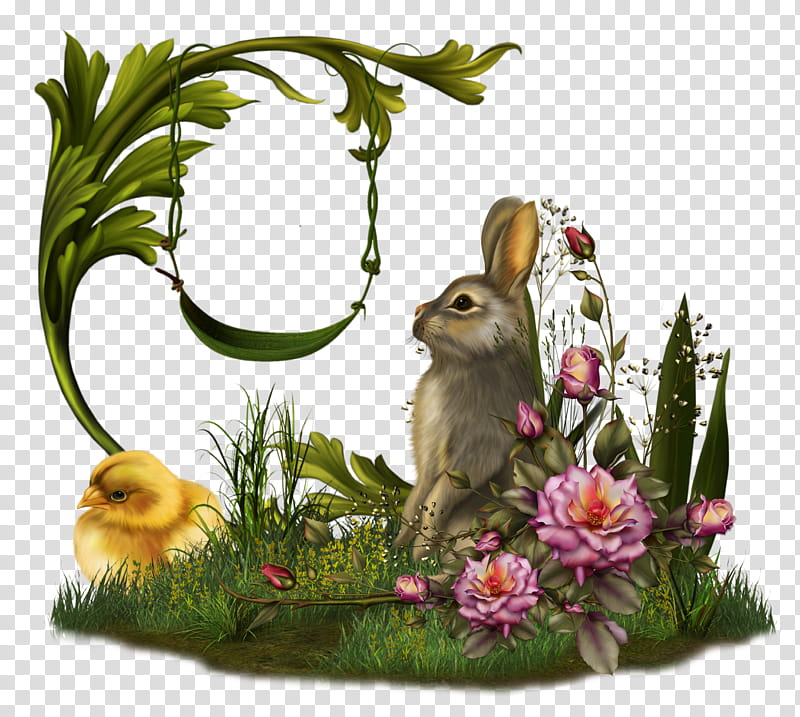 Fairy Swing , hare beside bird and swing with flowers art transparent background PNG clipart