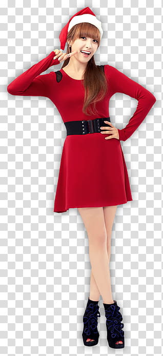 f x, girl wearing Santa hat and Santa costume pointing cheek transparent background PNG clipart