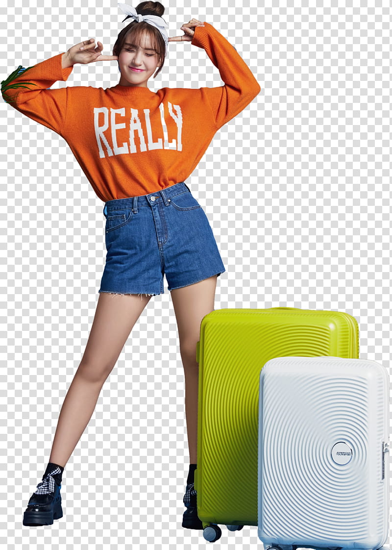 Somi, woman pointing head beside luggages transparent background PNG clipart
