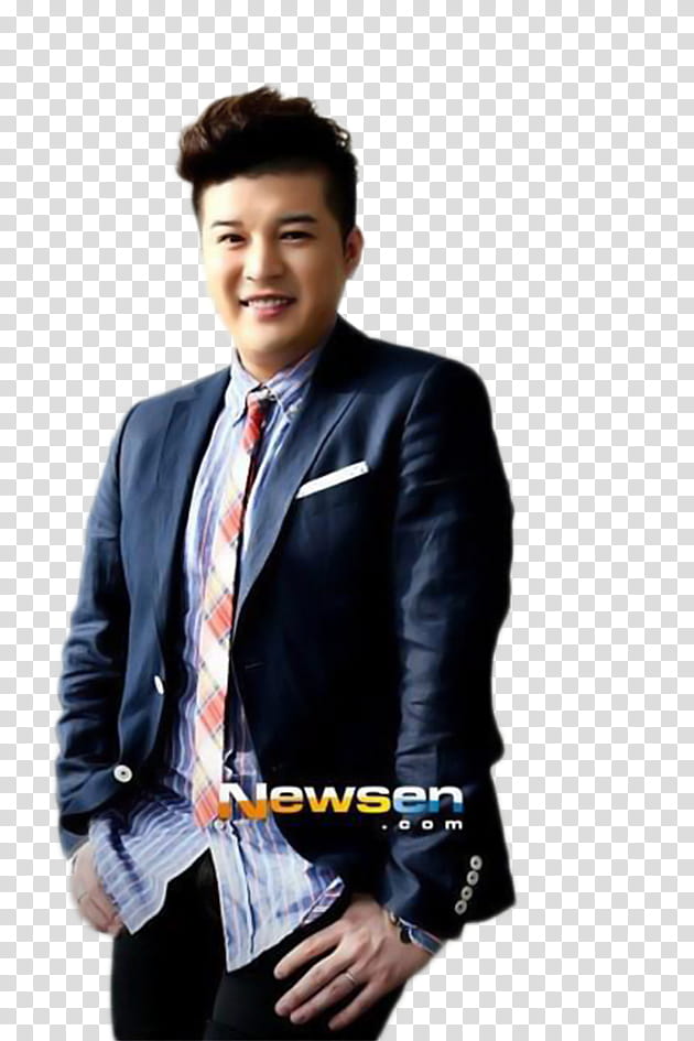 Shindong Super Junior , smiling man in black blazer transparent background PNG clipart