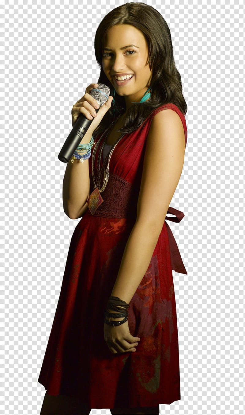 Camp Rock , Demi Lovato wearing red sleeveless dress standing and using microphone transparent background PNG clipart