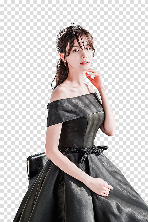 YEON SIL, woman in black off-shoulder dress holding her face transparent background PNG clipart