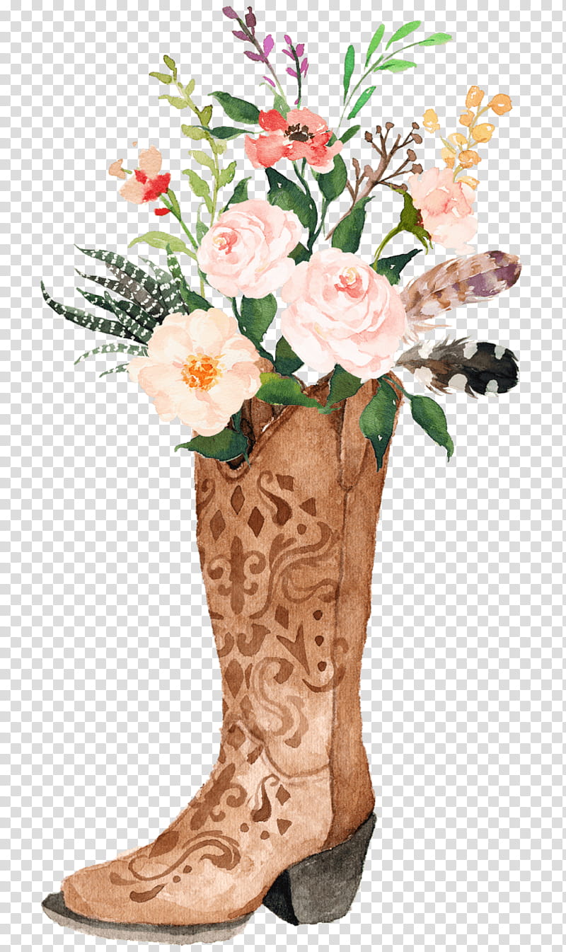 Flowers Wedding Invitation Watercolor, Cowboy Boot, Watercolor Painting, Western Wear, Cowboy Hat, Floral Design, Floristry, Bohochic transparent background PNG clipart