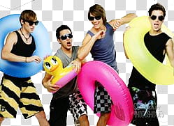 Big Time Rush, four men carrying assorted-color floaters transparent background PNG clipart