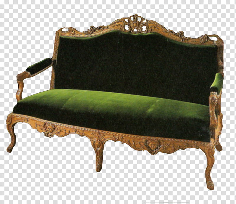 Antique furniture in , brown wooden framed green padded sofa art transparent background PNG clipart