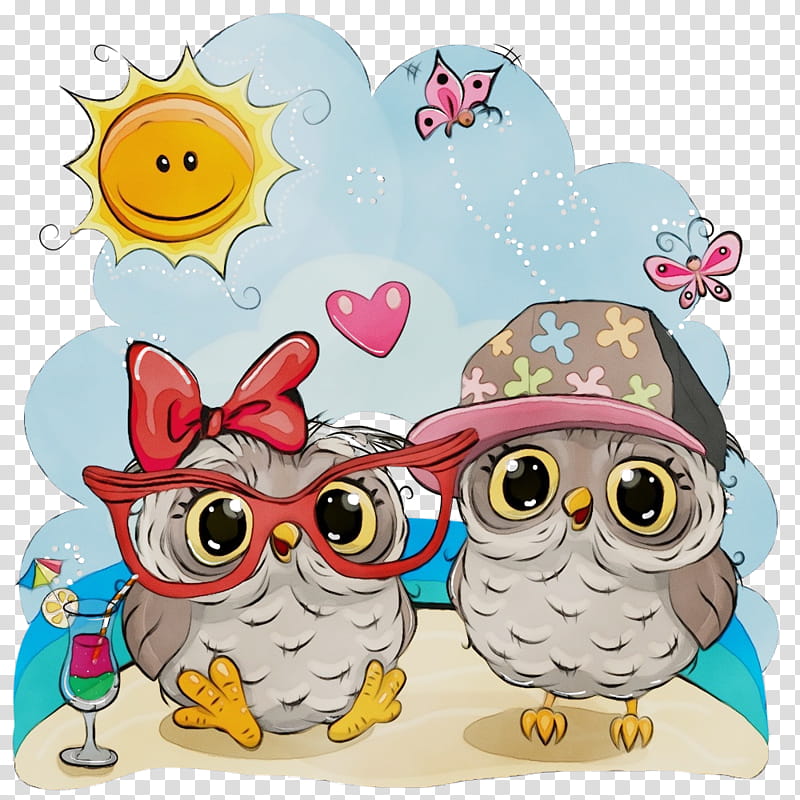 owl cartoon bird of prey bird, Cartoon Owl, Cute Owl, Watercolor, Paint, Wet Ink transparent background PNG clipart