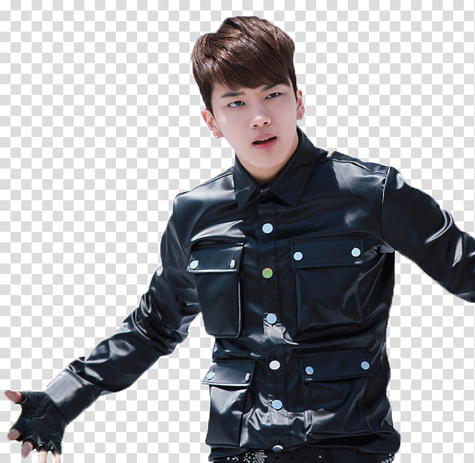 YoungJae BAP , man wearing black jacket spreading his arms transparent background PNG clipart