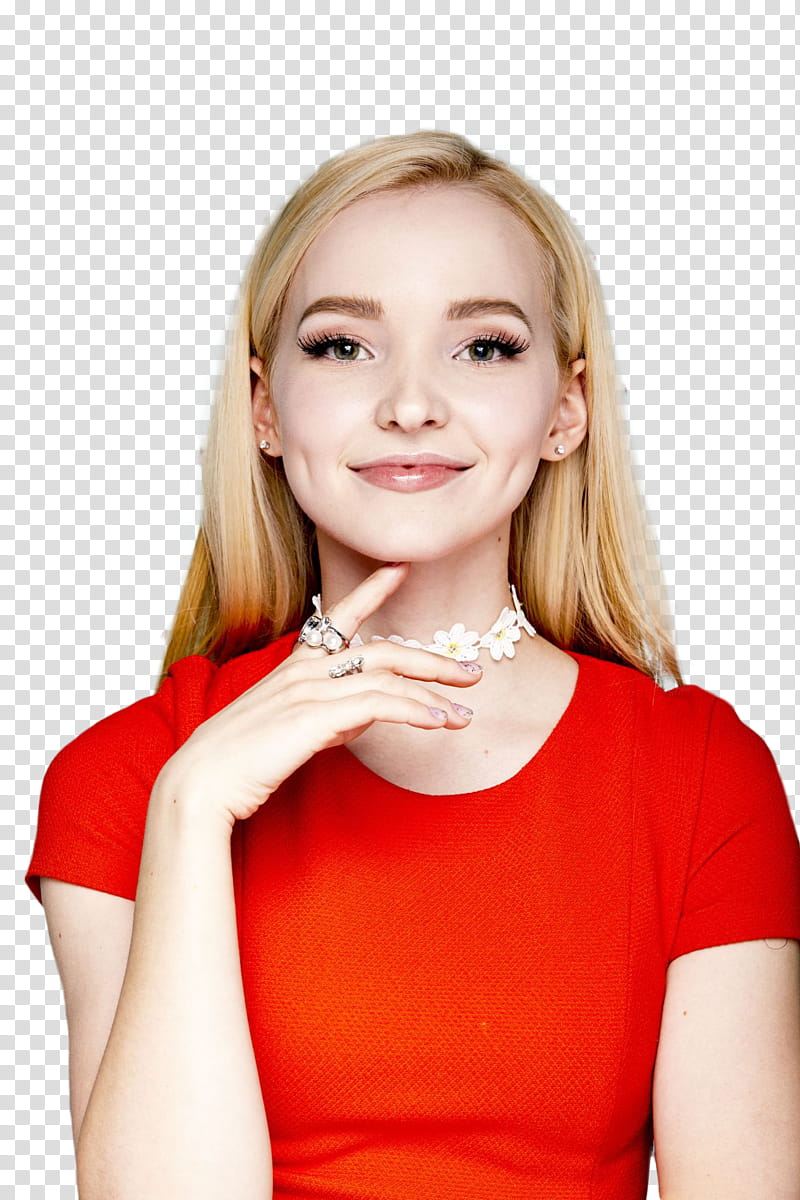 Dove Cameron, woman wearing red cap-sleeved shirt smiling transparent background PNG clipart