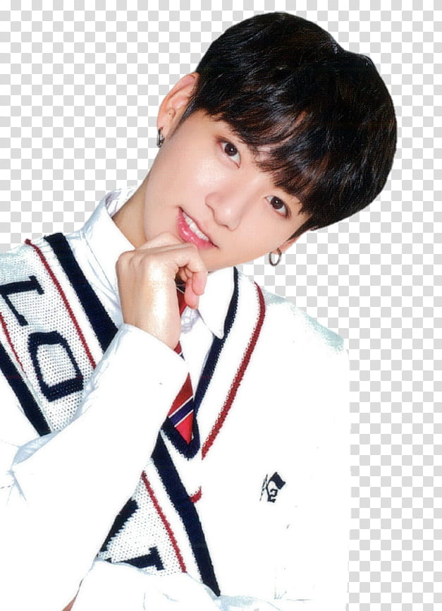 Jeon Jungkook, man wearing white collared top with right hand on chin transparent background PNG clipart