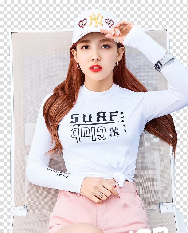 Twice, woman wearing white long-sleeved shirt while holding her cap transparent background PNG clipart