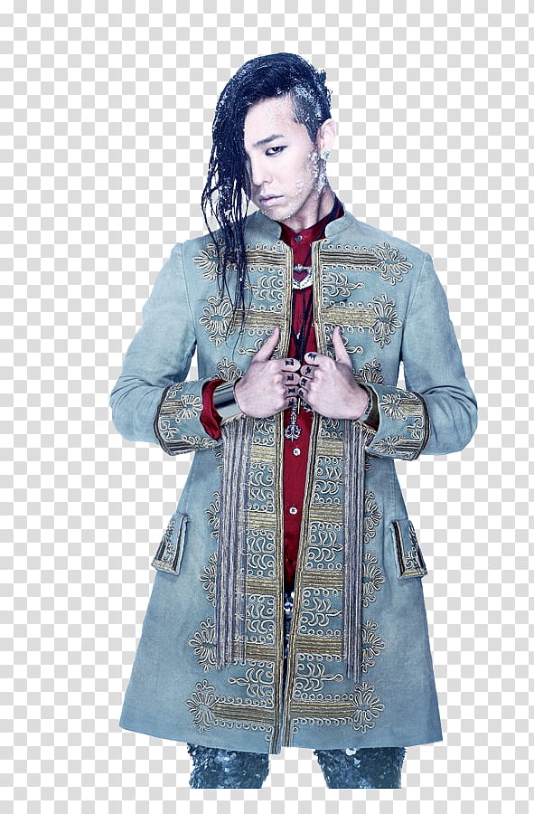 G Dragon Big Bang Render, man wearing blue and beige coat stanind transparent background PNG clipart