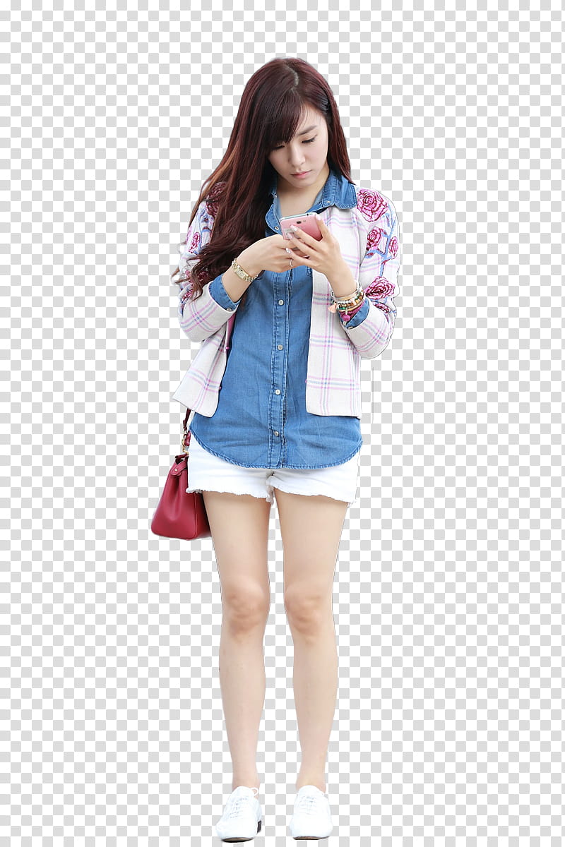 Tiffany Airport, woman wearing blue button-up shirt and white short shorts outfit holding pink smartphone transparent background PNG clipart