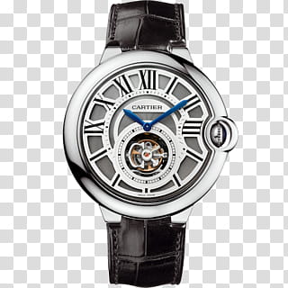 randoom , round silver-colored framed Cartier chronograph watch with black leather strap transparent background PNG clipart