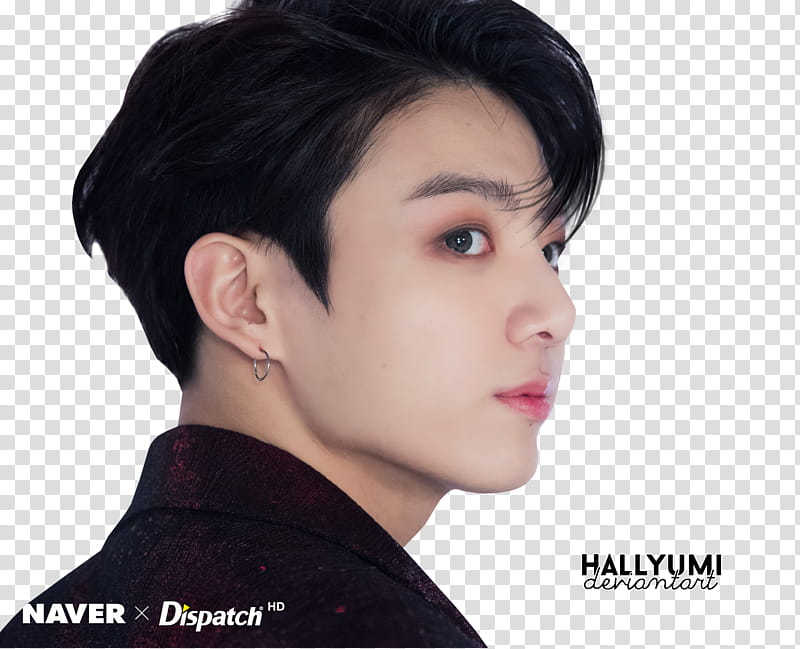 JungKook FAKE LOVE, man wearing black collared top and silver earring transparent background PNG clipart