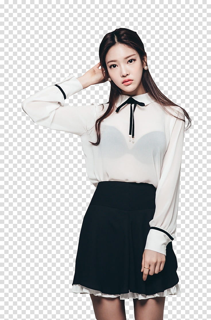 PARK JUNG YOON, woman wearing white long-sleeved shirt and black skirt holding her head transparent background PNG clipart