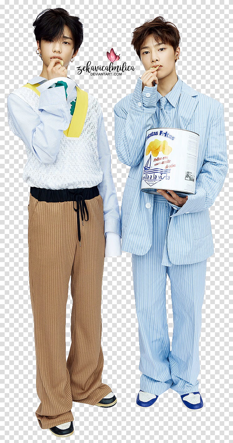Stray Kids Hyunjin and I N DAZED, two men standing holding white plastic container transparent background PNG clipart
