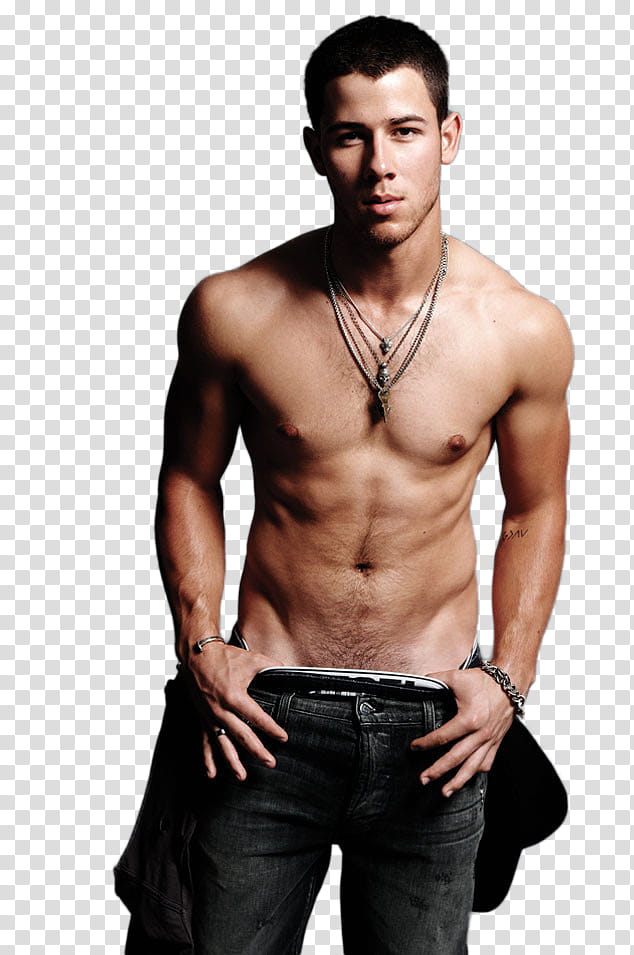 Nick Jonas, topless man wearing blue denim bottoms transparent background PNG clipart
