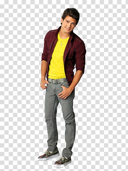 man wearing maroon sport shirt, yellow crew-neck shirt, and gray denim fitted jeans transparent background PNG clipart