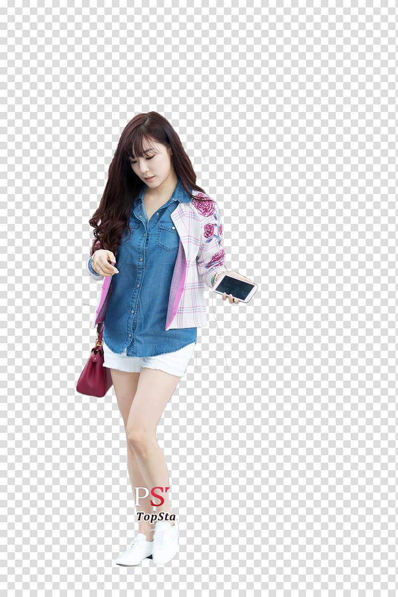 Tiffany Airport, woman wearing blue button-up shirt and white short shorts while holding smartphone transparent background PNG clipart