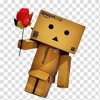 Danbo, brown Amazon cardboard box robot holding red rose transparent background PNG clipart