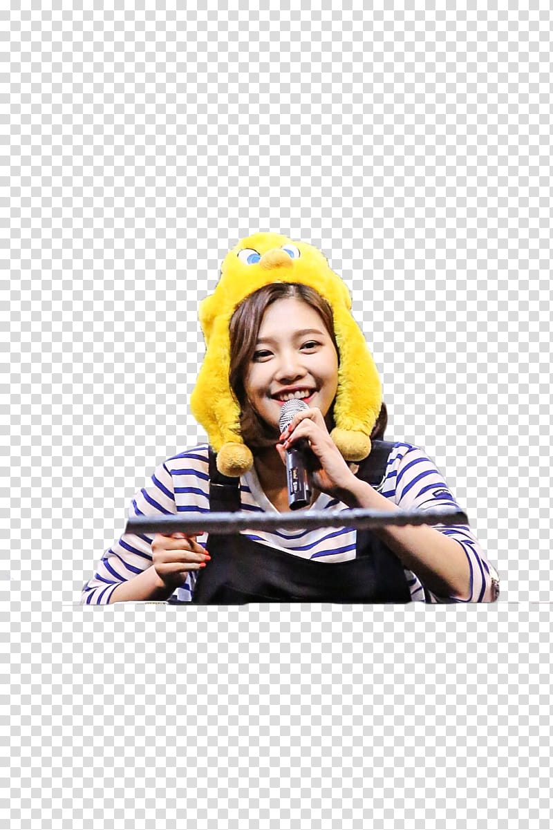 RENDER KEI JOY, woman holding microphone with yellow critter cap transparent background PNG clipart
