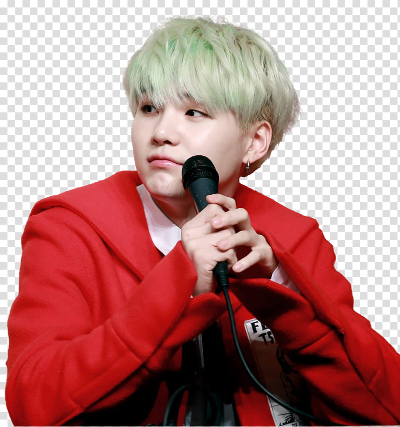 Suga BTS, man wearing red and white jacket holding black corded microphone transparent background PNG clipart